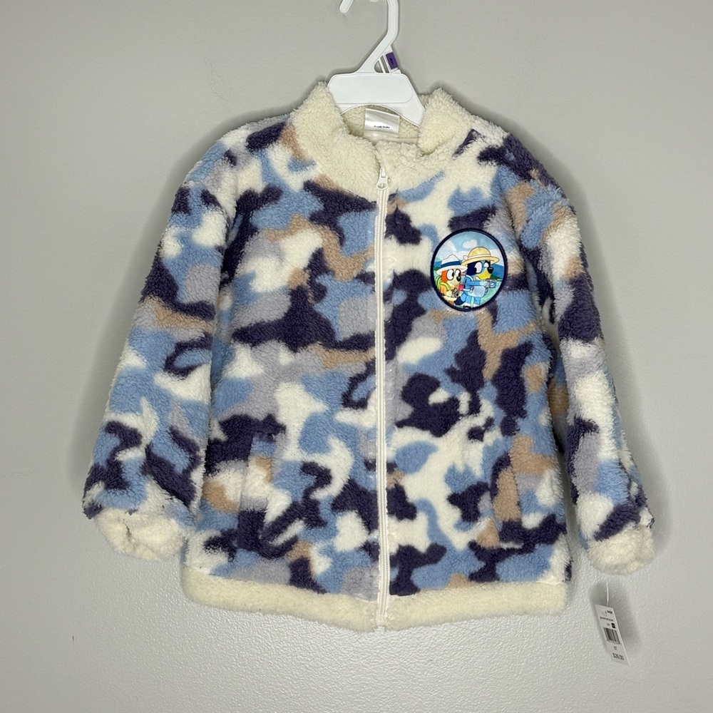 Bluey Girls 5T Adventure Sherpa Jacket Zipper & Pockets Blue Purple Tan Camo NWT